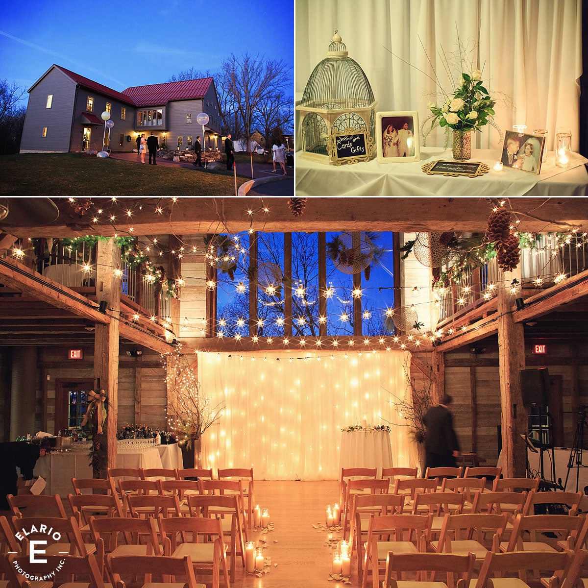 Three images showing a wedding at Pat's Barn: (1) Guests entering, (2) A decorated welcome table, (3) Setup for a ceremony inside of Pat's Barn 